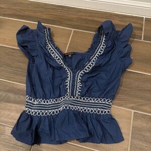 Skies Are Blue Navy Blouse with White Embroidery